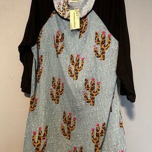 Southern Stich Black-Sleeve Heather Blue Cactus Print Raglan Top
